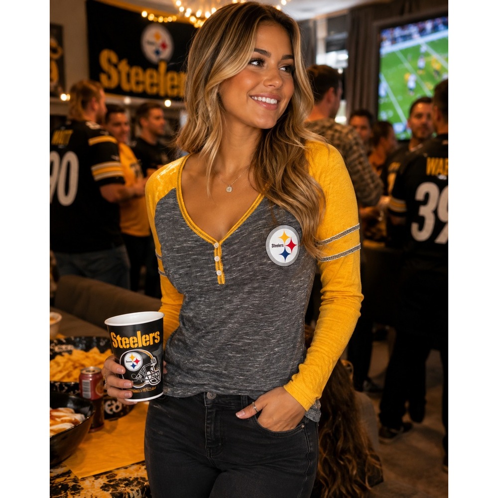 Pittsburgh Steelers Majestic Long Sleeve Henley Shirt Gray Gold Women's XL